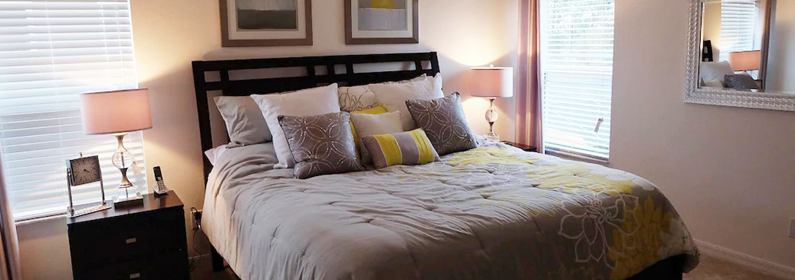 Master bedroom 1 King with grey and yellow bedding